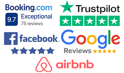 Μια συλλογή από σήματα λογότυπων από διάφορες πλατφόρμες κριτικών και κρατήσεων για ξενοδοχεία, καθεμία από τις οποίες εμφανίζει υψηλές αξιολογήσεις πελατών, συμπεριλαμβανομένων των Booking.com, Trustpilot, Facebook, Google και Airbnb.