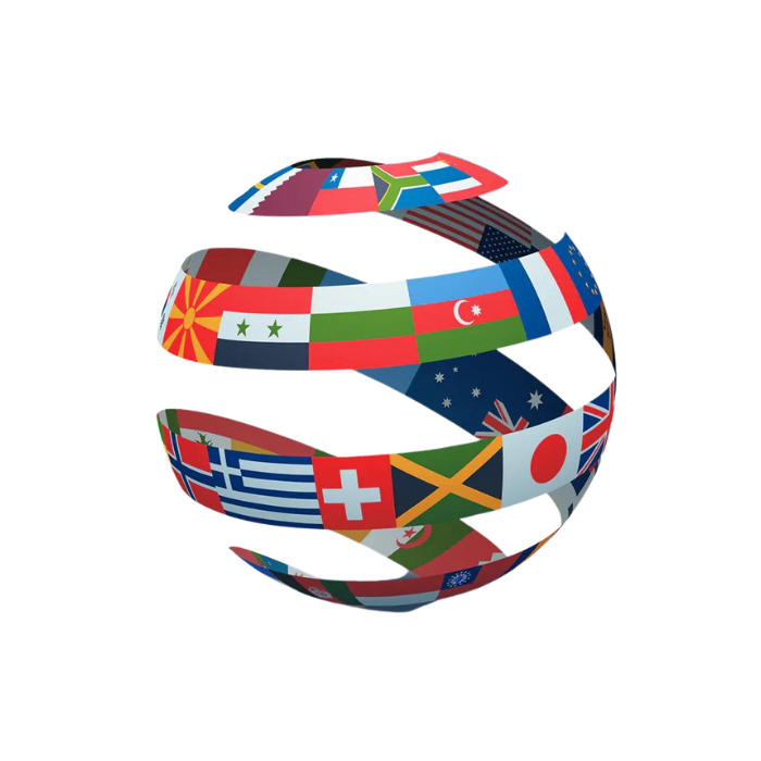 Ένα σφαιρικό γραφικό που αποτελείται από πλεγμένες κορδέλες στολισμένες με διάφορες παγκόσμιες σημαίες, που συμβολίζουν τη διεθνή ενότητα και την παγκόσμια διασύνδεση μεταξύ των ιστοσελίδων για