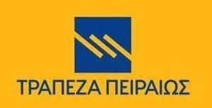 Λογότυπο της τράπεζας Πειραιώς σε κίτρινο φόντο με το κείμενο "τραπεζα πειραιωσ" γραμμένο στα ελληνικά, με ένδειξη του ονόματος της τράπεζας.